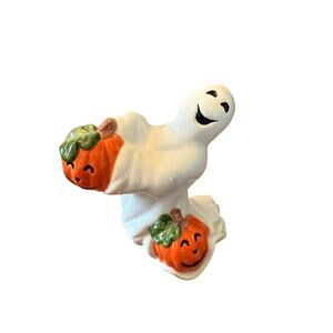 Fitz and Floyd Halloween Ghost w Pumpkins Jack-O-Lanterns tapered candle holder